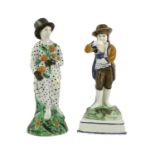 A Prattware Figure of a Gardner, circa 1790, standing wearing a top hat and gloves, holding a rose