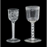 A Wine Glass, circa 1750, the semi-fluted ogee bowl engraved with lattice and swags on an opaque