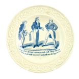 A Pearlware Nursery Plate, early 19th century, printed in underglaze with a caricature of three