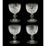 A Set of Four Glass Rummers, the ovoid bowls engraved with a foxhunting scene on a knopped stem