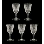 A Set of Five Cock Fighting Glasses, 19th century, the rounded funnel bowls engraved with scenes