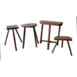 Four 19th Century Elm Provincial Stools, of pegged construction, comprising: a rectangular example