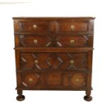 A Late 17th Century Oak Geometric Moulded Straight Front Chest of Drawers, the moulded top above two