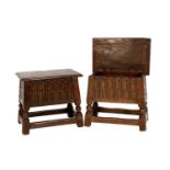 A Pair of 17th Century Style Joined Oak Box Stools, early 20th century, the boarded hinged lids