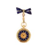 A Lady's 18 Carat Gold Diamond Set Enamel Fob Watch, circa 1900, cylinder movement, wolf's teeth