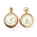 Two Gold Plated Open Faced Pocket Watches, signed Waltham and Waterbury Watch Co, the Waterbury