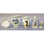 A Tray of Early 19th Century Prattware, including tea canister and two jugs, one inscribed Captain