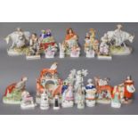 Two Trays of 19th Century Staffordshire Figures, including Little Red Riding Hood, Cobbler and His