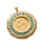 A Sovereign Pendant, dated 1902 mounted within an emerald frame, length 4.8cmMount hallmarked 9