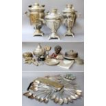 A Collection of Metal Wares, including three tea urns, a group of plated flatware engraved with a