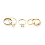 A 22 Carat Gold Band Ring, finger size N1/2; together with Four Cubic Zirconia Rings, of varying
