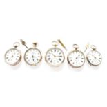 Five Open Faced Silver Pocket WatchesFour movements in going order. The watch with the unsigned dial