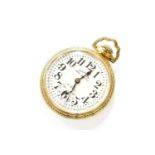 A Gold Plated Open Faced Pocket Watch, signed Illinois "Bunn Special"Hand setting correctly and