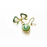 A Lady's Green Enamel Fob Watch with attached Green Enamel Bow Brooch, silvered dial signed