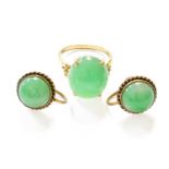 A Pair of Jade Earrings, with screw fittings; and A Jade Ring, stamped '14KT', finger size M1/2