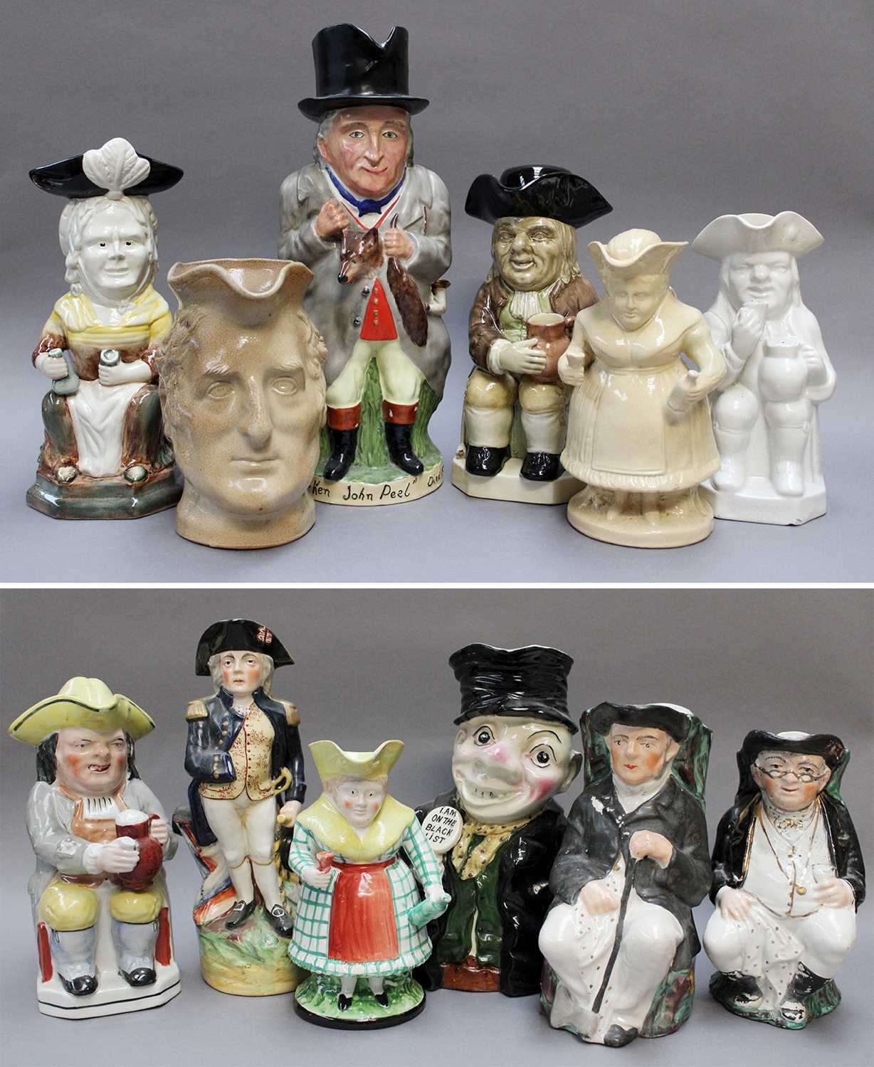 Two Trays of Toby and Character Jugs, including Admiral Lord Nelson, John Peel, and two reproduction