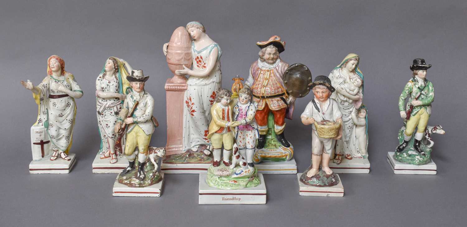 A Tray of Early 19th Century Pearlware Figures on Square Bases, including Andromache mourning