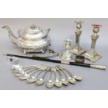 A George III Silver Teapot, William Bateman, London 1817, together with A Pair of Candlesticks (