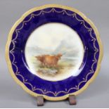 A Royal Worcester Lobed Plate By John Stinton, painted with highland cattle under a wide blue and