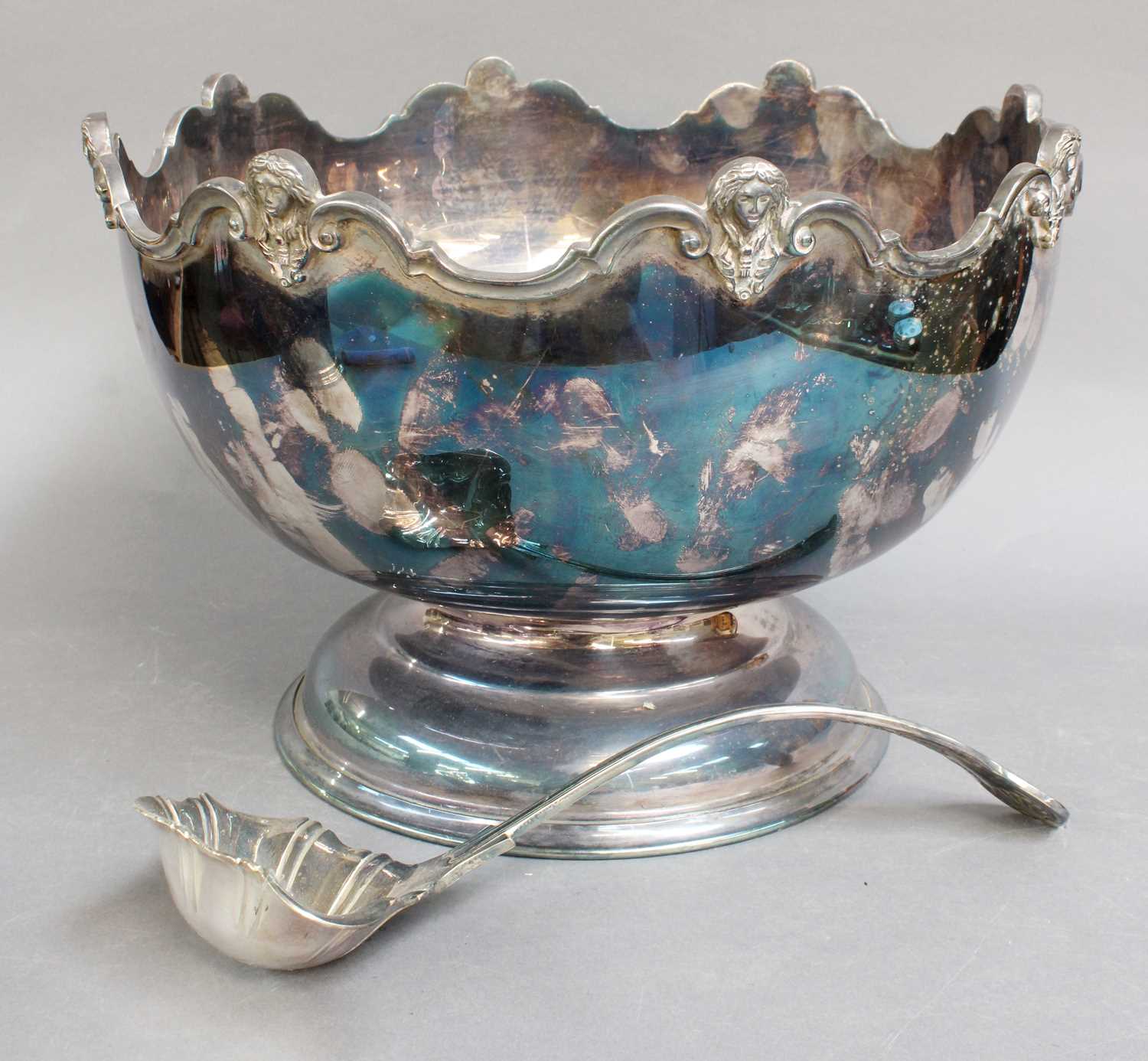 Silver Plate, to include: Punch Bowl and Ladle, Bottle Coaster, Two Large Oval Platters, cast with - Image 3 of 4