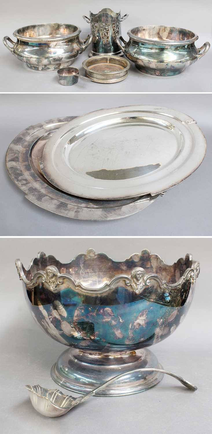 Silver Plate, to include: Punch Bowl and Ladle, Bottle Coaster, Two Large Oval Platters, cast with