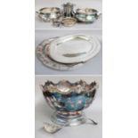 Silver Plate, to include: Punch Bowl and Ladle, Bottle Coaster, Two Large Oval Platters, cast with