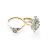 A Diamond Solitaire Ring, stamped '18CT', finger size S; and A Cubic Zirconia Cluster Ring,