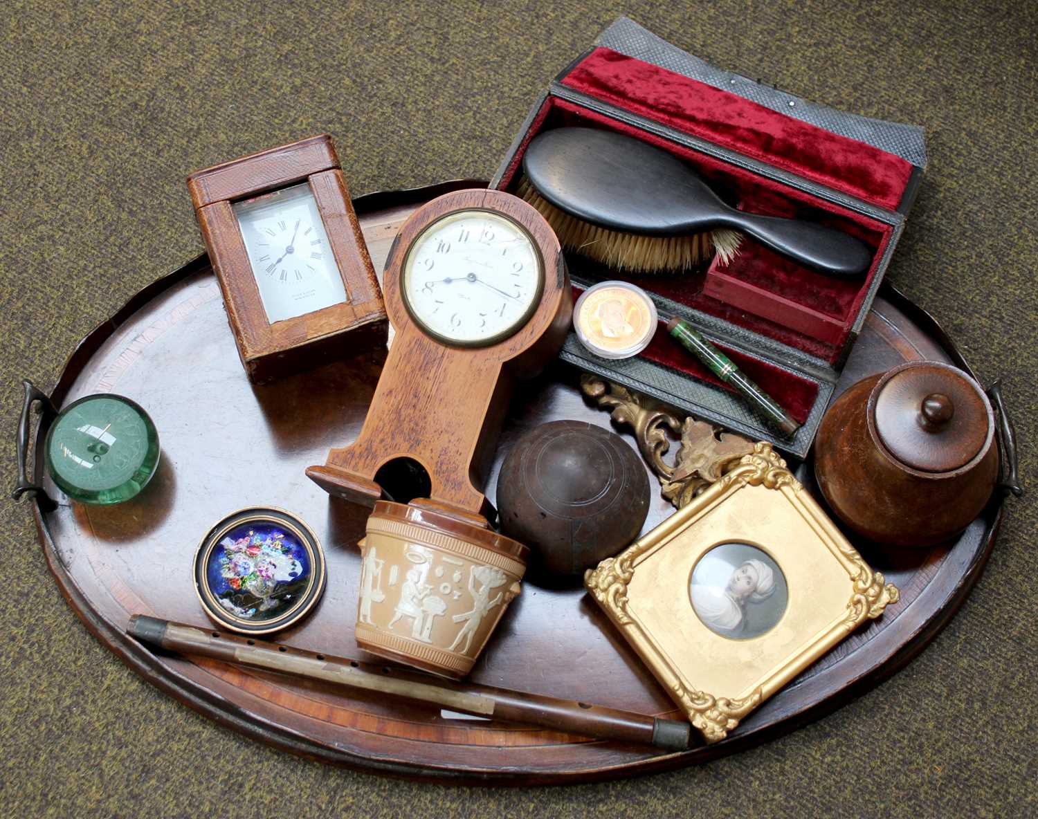 An Edwardian Inlaid Mahogany Serving Tray, together with assorted items including A Brass Carriage