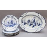An 18th Century Pearlware Platter, probably Leeds, together with Five Matching Plates, decorated