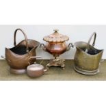 Victorian Metalwares, to include: coal scuttle, a brass coal scuttle, a copper kettle, a copper