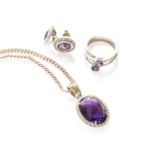 An Amethyst and White Stone Pendant on Chain, pendant length 2.9cm, chain length 40cm; A Pair of