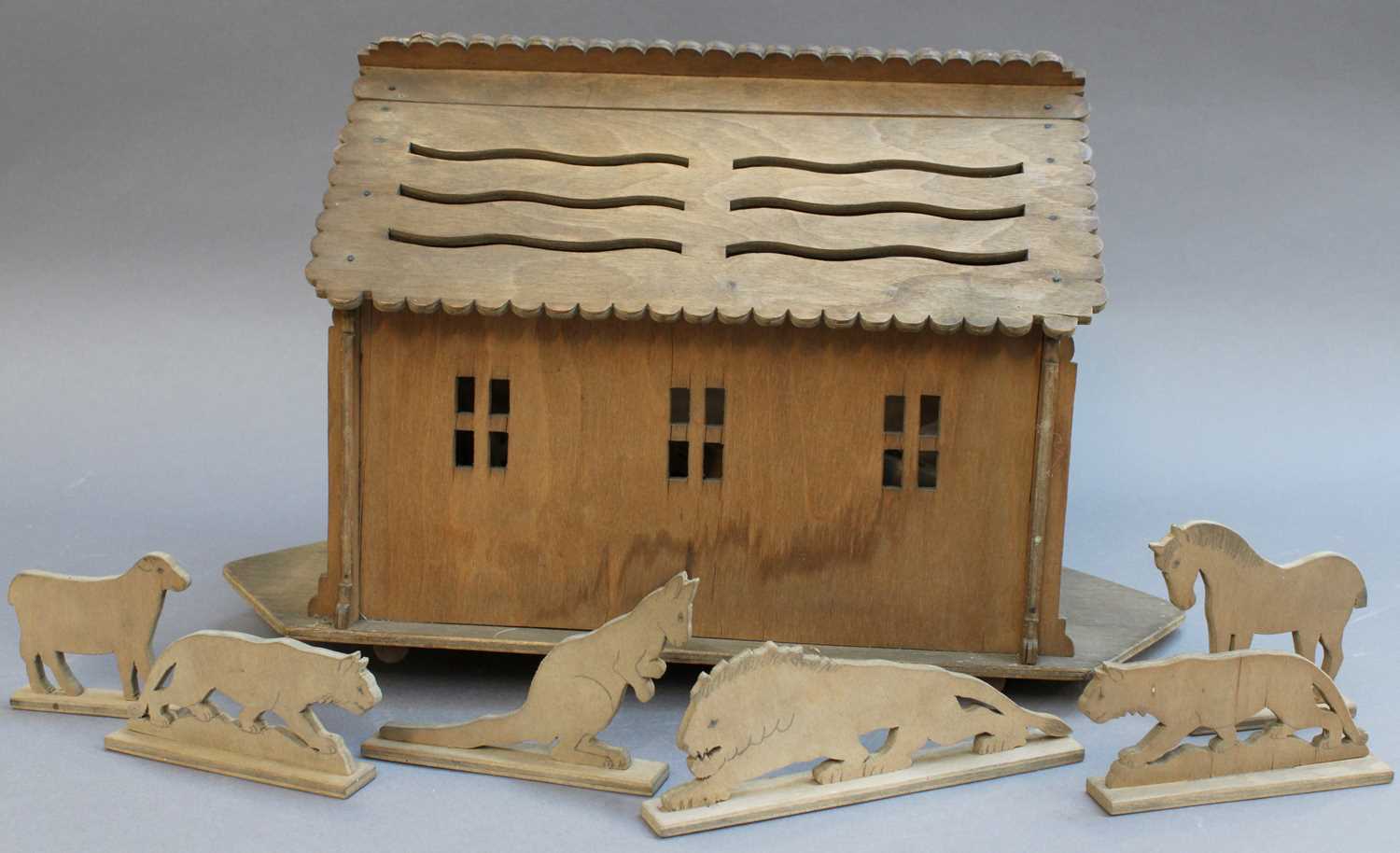 A Vintage Carved Wooden Noah's Ark Model, with various animals