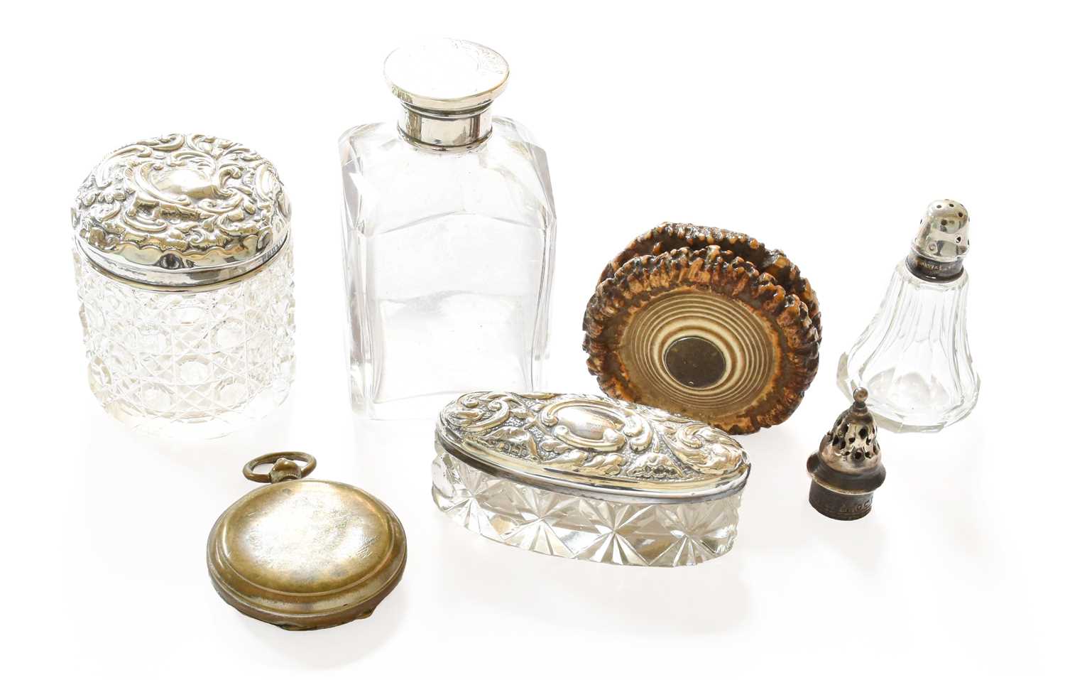 A 19th Century Horn Snuff Box, Two Silver-Topped Glass Bottles, A Silver-Topped Pepper, A White