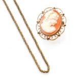 A 9 Carat Gold Ropetwist Chain, length 48.8cm (a.f.); and A 9 Carat Gold Cameo Brooch, length 3.