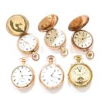 Three Gold Plated Full Hunter Pocket Watches, Two Gold Plated Open Faced Pocket Watches and A Base