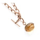 A Watch Chain, with citrine swivel fob, stamped '9.375', length 34.5cmGross weight 60.3 grams.