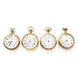 Three Gold Plated Open Faced Pocket Watches, signed Thos Russell & Son, Two signed Waltham and