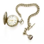 A Sterling Silver Full Hunter Pocket Watch, signed Waltham, with A Large Silver Curb Link Watch