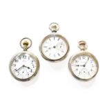 Three Nickel Plated Open Faced Pocket Watches, signed Omega, and two signed Hampden Watch Co, (3)All