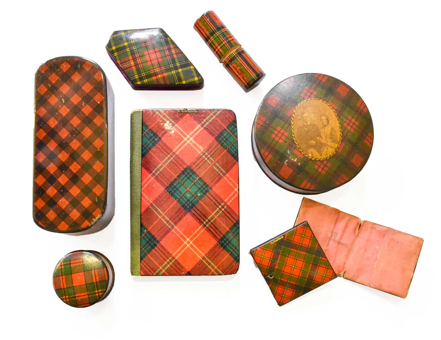 A Small Group of Tartan Ware: snuff box, aide memoire, needlecase, stamp case, pin cushion and