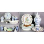 Three Trays of 18th Century and Later Ceramics, including Delft vases, Manganese buckle plate,