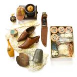Sewing Accessories: including, a jockey cap pin cushion, a pair of clogs, Dewhurst's threads,