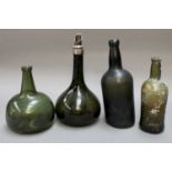 An 18th Century String Necked Green Glass Wine Bottle, together with Three Similar (4)From the
