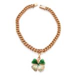 A Curb Link Bracelet, suspending an enamel clover charm, length 17.8cmTongue stamped '585'. Gross