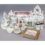 A Tray of Victorian Staffordshire Pottery, including a pocket watch stand modelled as the three