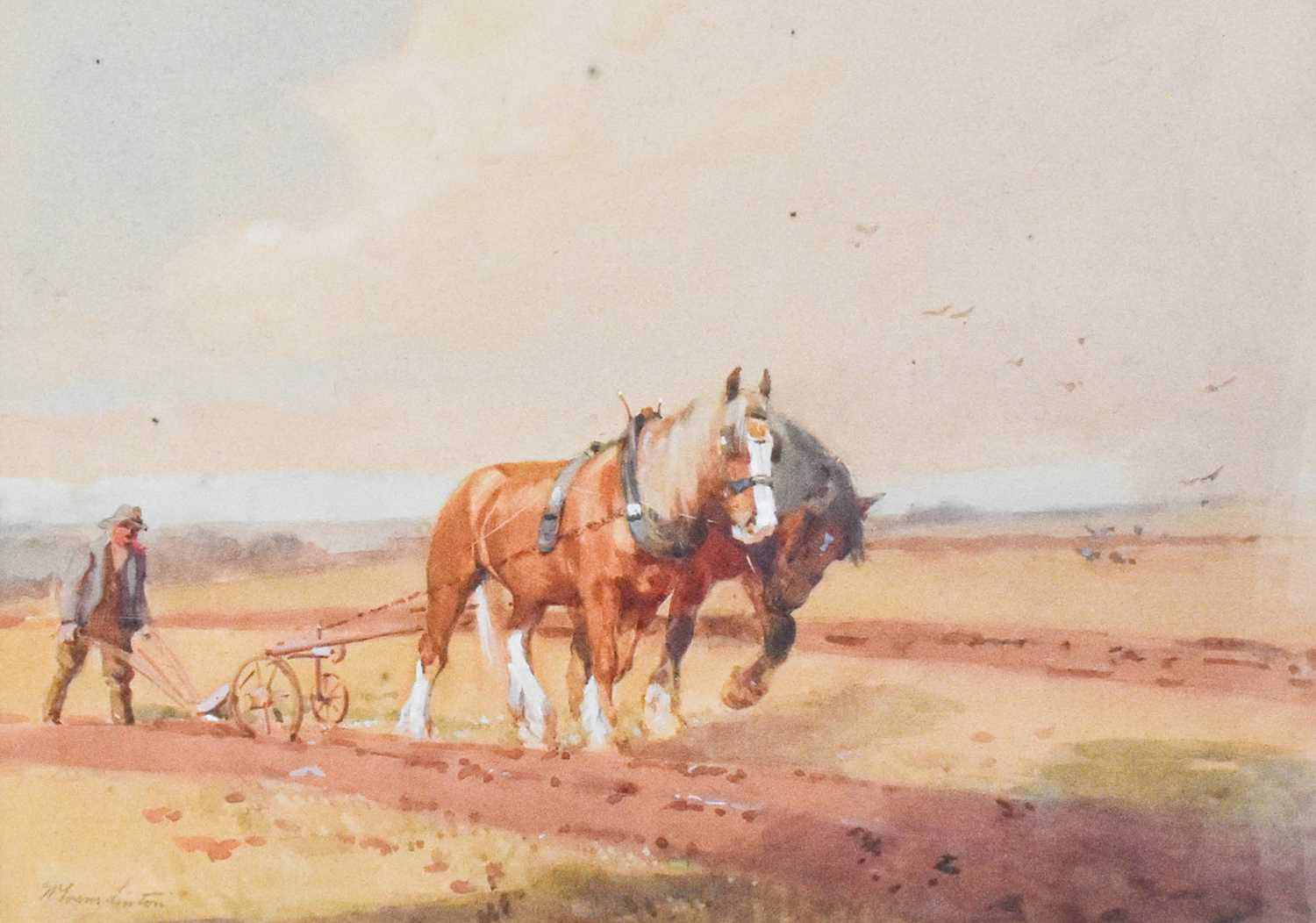 Williams Evans Linton (1878-1941)Farmer and heavy horses ploughing a field Signed, watercolour, 26.