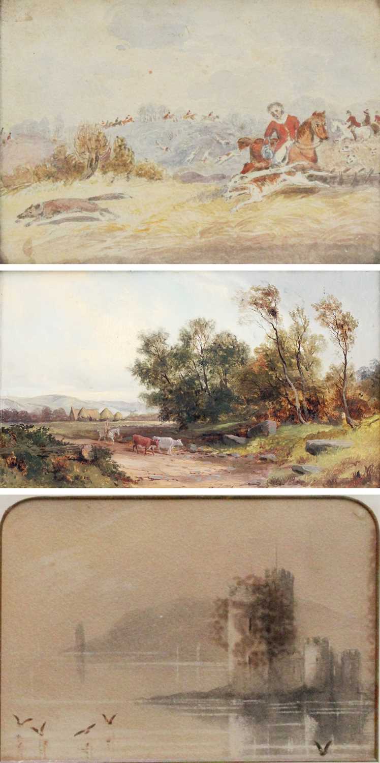 British School (19th/20th century)Horse mounted figure droving cattle in a landscape, together