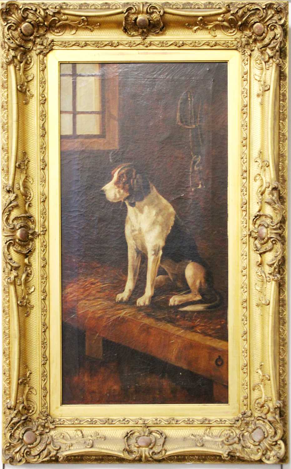 British School (19th/20th century)Seated Foxhound in a kennelOil on canvas, 90cm by 44.5cmFrom the - Bild 2 aus 2