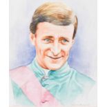 Jacqueline Stanhope (b.1963)Portrait of Pat Eddery wearing the colours of Prince Khalid bin Abdullah