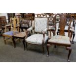 A Queen Anne Style Walnut Armchair, with a needlepoint seat, together with a French carved and